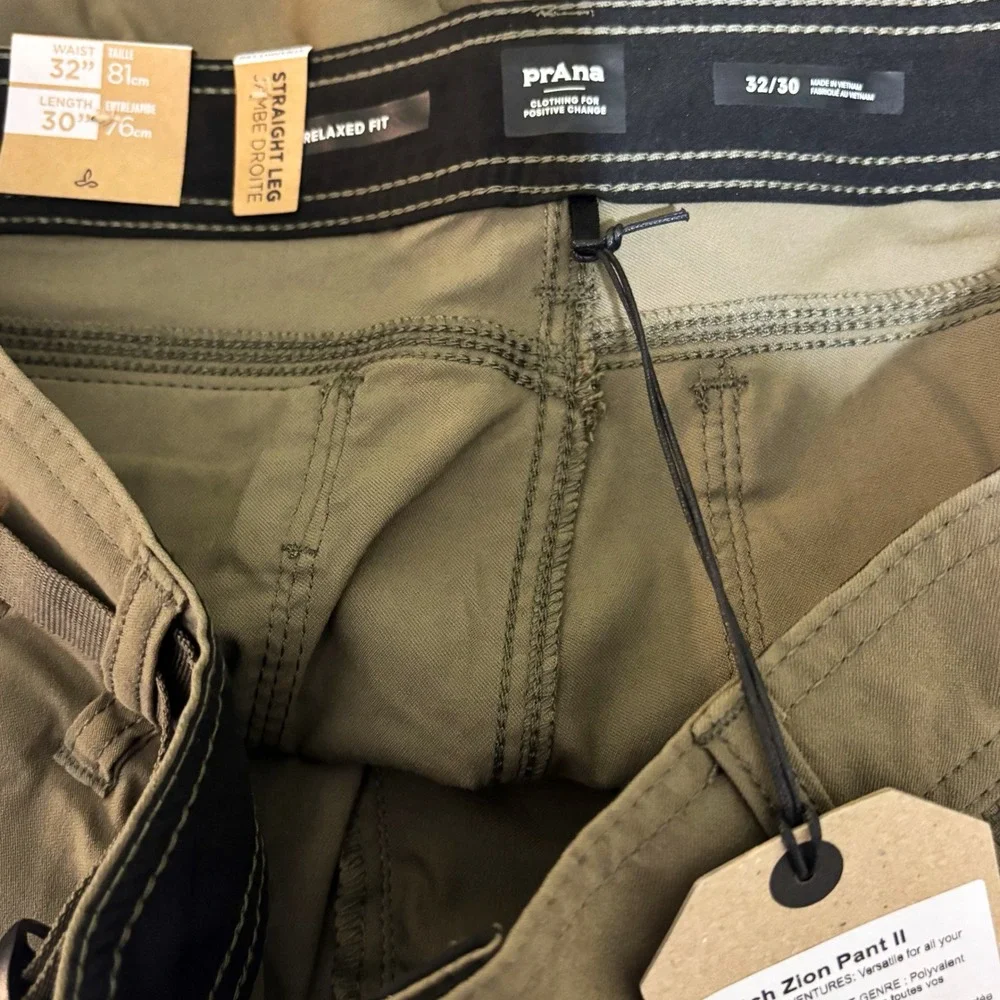 prAna Stretch Zion Pant II Mens 32x30 Slate Green New Relaxed Fit Hiking Cargo